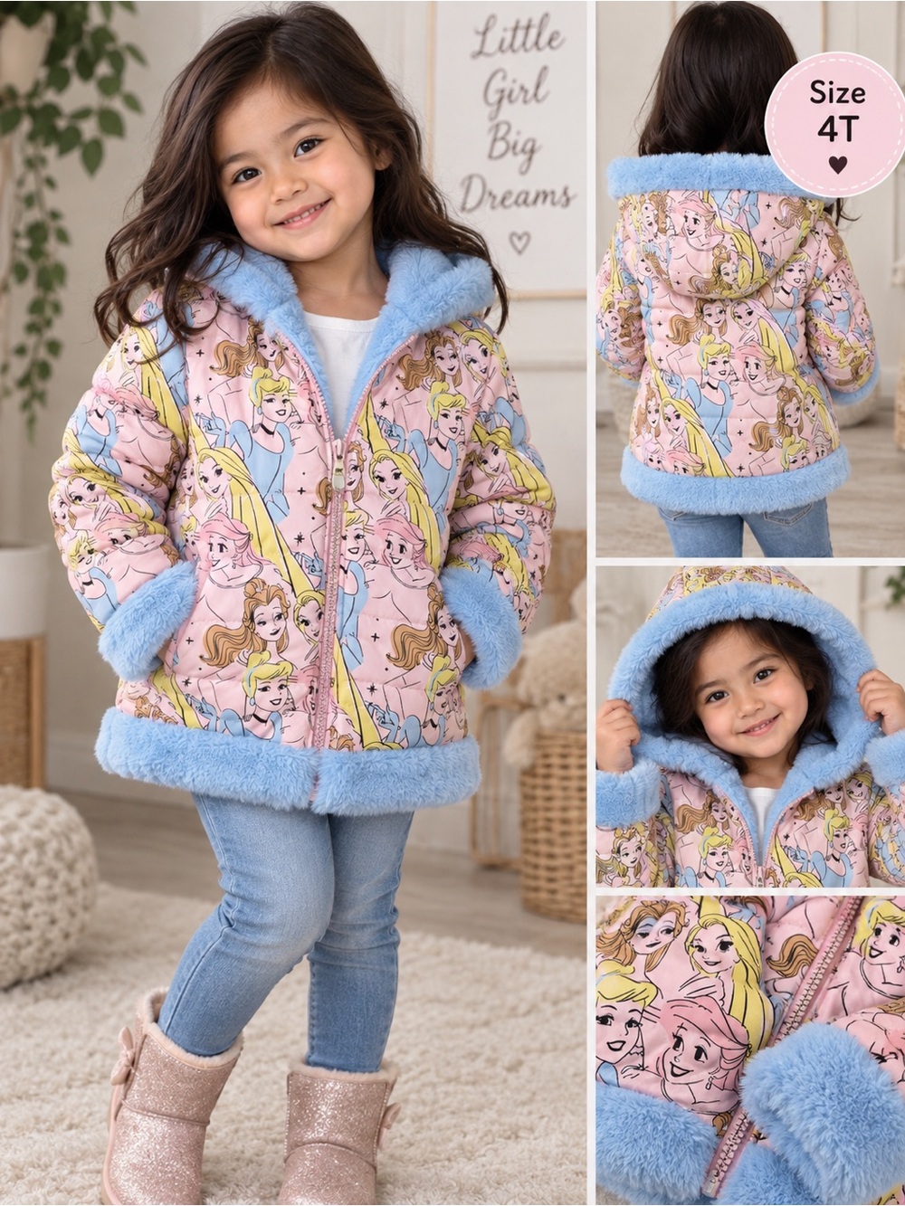 Disney Princess Reversible Puffer Jacket Size 4T Pink Blue Faux Fur